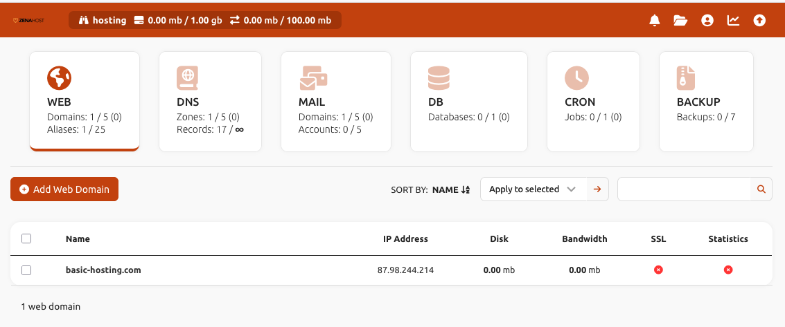 Esempio HestiaCP piano Basic